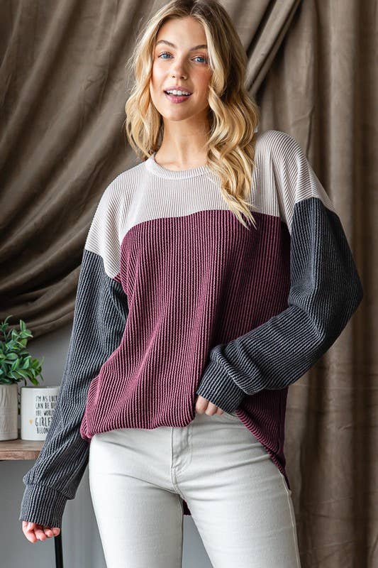 Color Block Ribbed Top – Burgundy, Grey & Cream