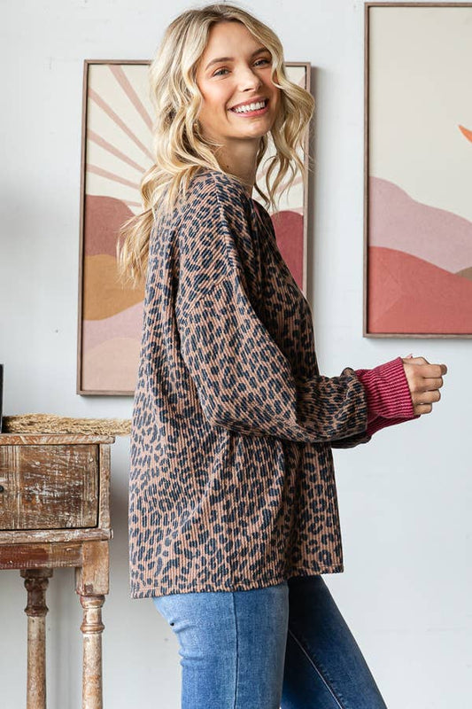 Rib Animal Print Drop Shoulder V-Seam Top