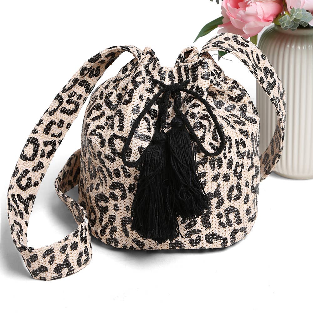 Leopard Straw Tassel Crossbody Bucket Bag