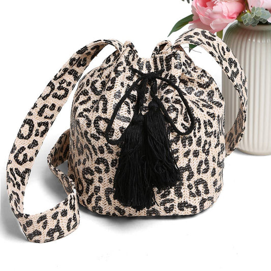 Leopard Straw Tassel Crossbody Bucket Bag
