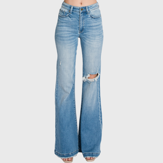 Petite Distressed Super High Rise Flare