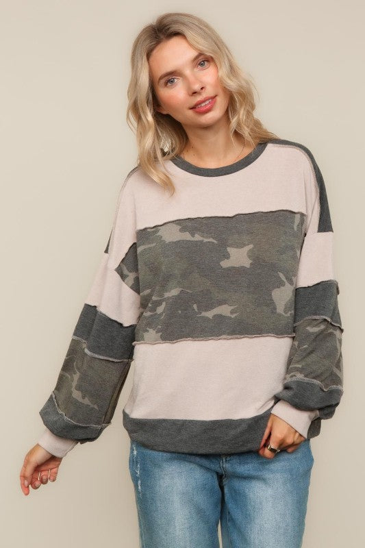 Camo French Terry Color-Block Pullover