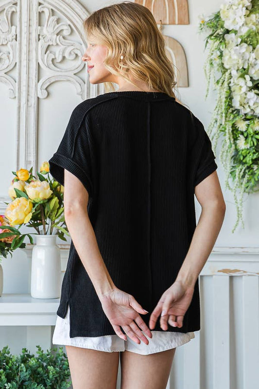 Black Solid Rib Drop Shoulder Side Slit Short Sleeve Top