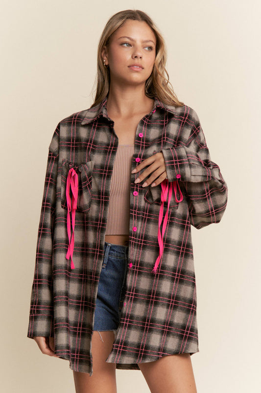 Ruched Pocket Plaid Button-Down Shirt with Ribbon Detail