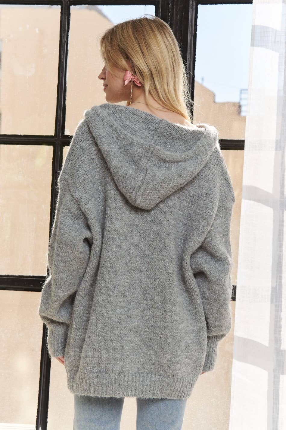 Oversized Hooded Button-Down Cardigan – Grey