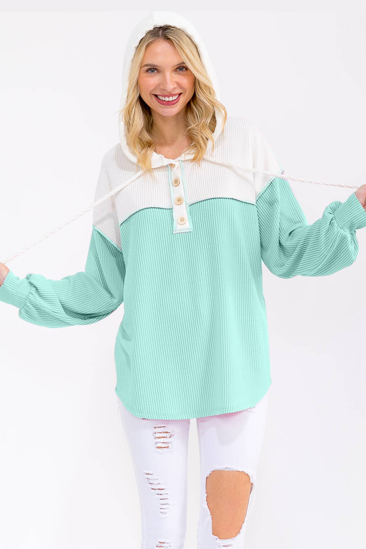 Two Tone Rib Knit Hooded Henley Top – Mint & White