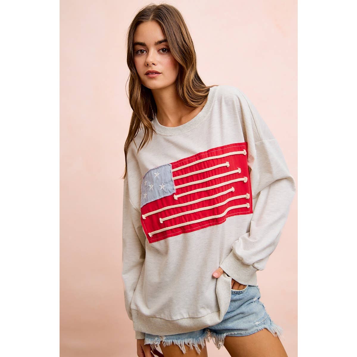 American Flag Patch Long Sleeve Top