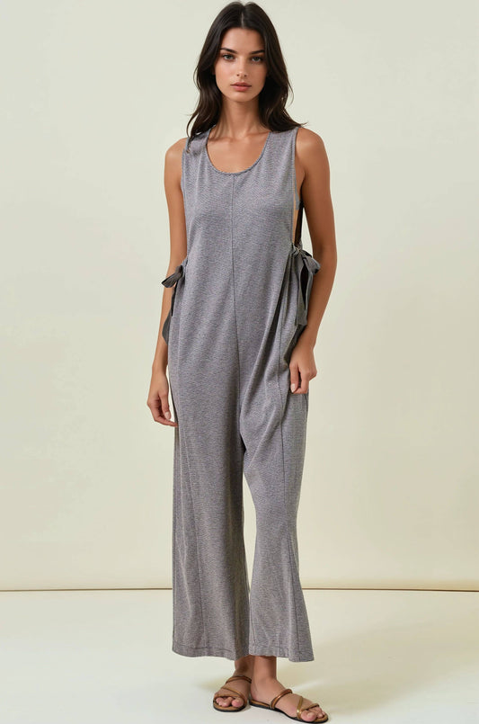 Buttery Soft Striped Knit Overalls with Side Ribbon Tie