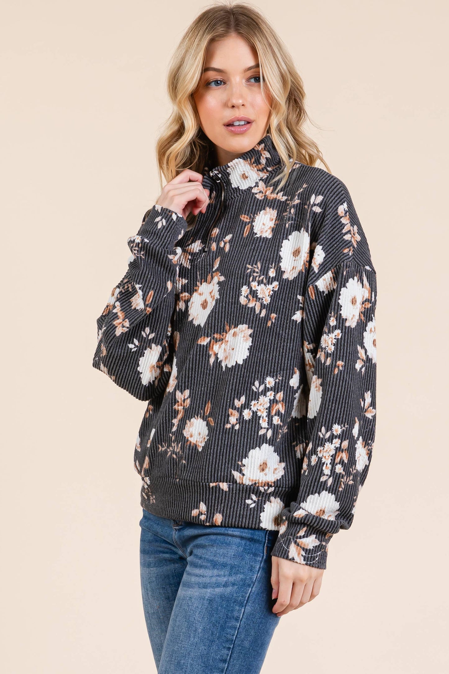 Floral 1/4 Zip Ribbed Top – Black & Floral