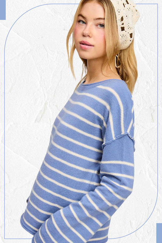 Striped Round Neck Loose Fit Long Sleeve Sweater