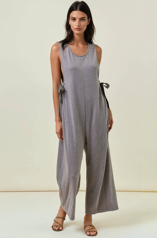 Buttery Soft Striped Knit Overalls with Side Ribbon Tie