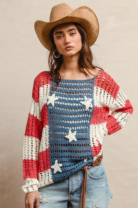 BiBi American Flag Crochet Knit Sweater