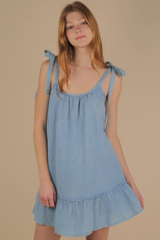 Mineral Washed Shoulder Tie Mini Dress