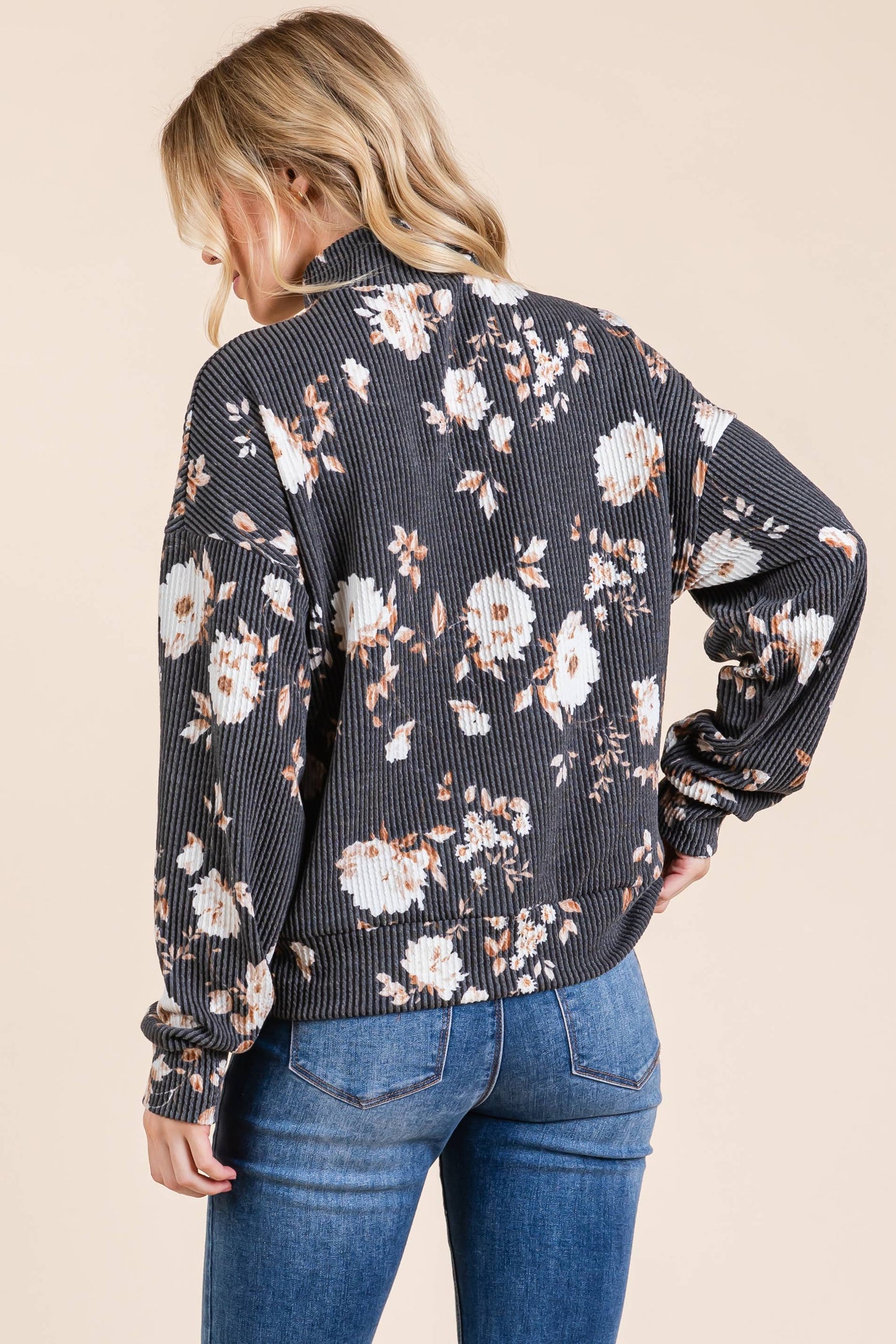 Floral 1/4 Zip Ribbed Top – Black & Floral