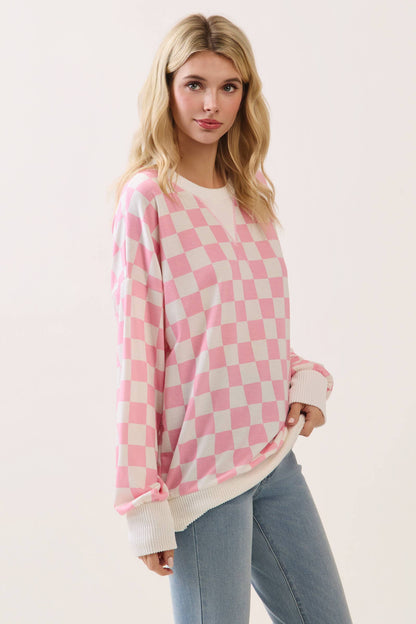 Checkered Print Drop Shoulder Pullover – Pink & White