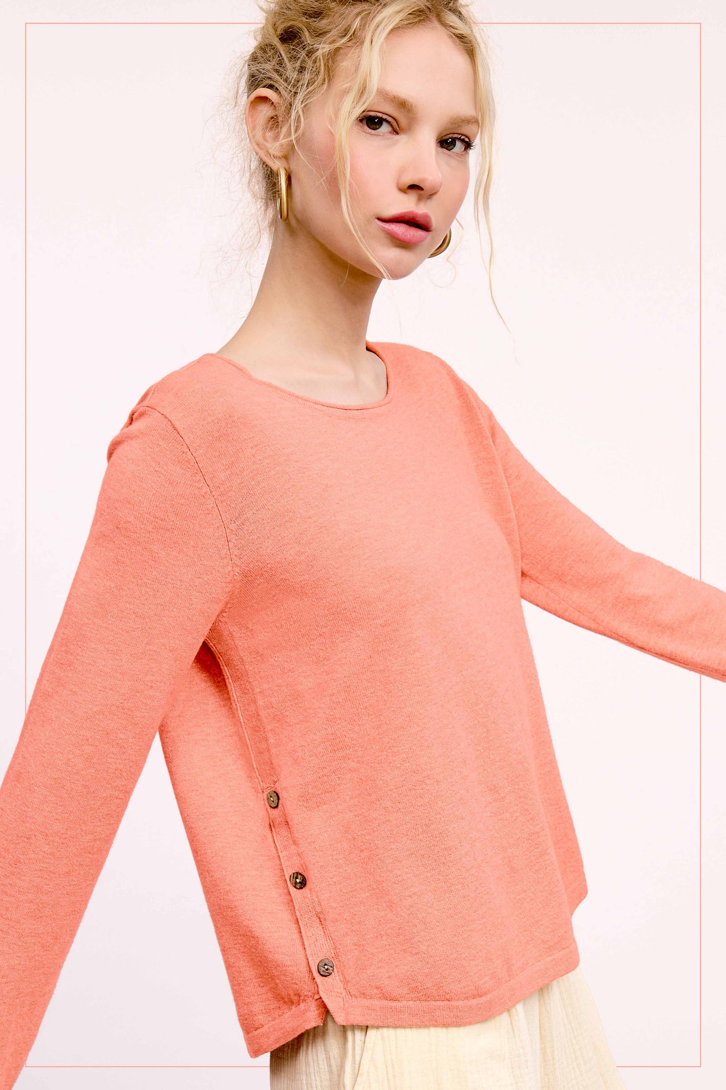 Super Soft Rolled Hem Side Button Knit Top