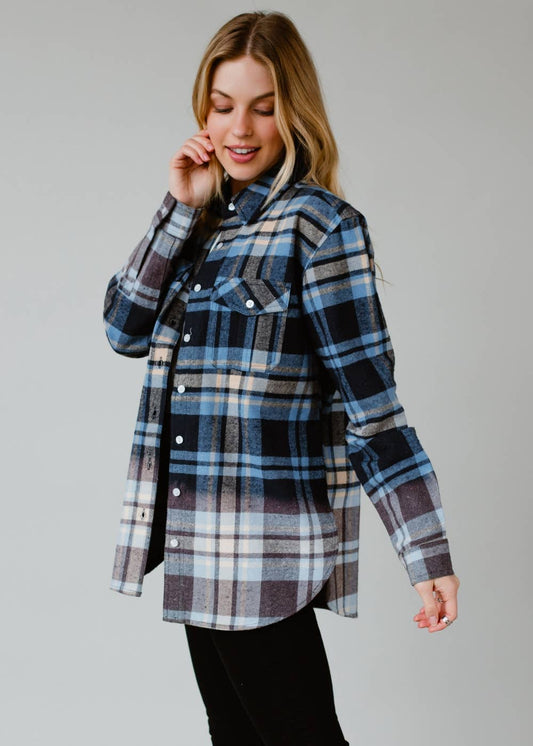 Navy, Tan & Light Blue Plaid Flannel – Bleached Dip Contrast