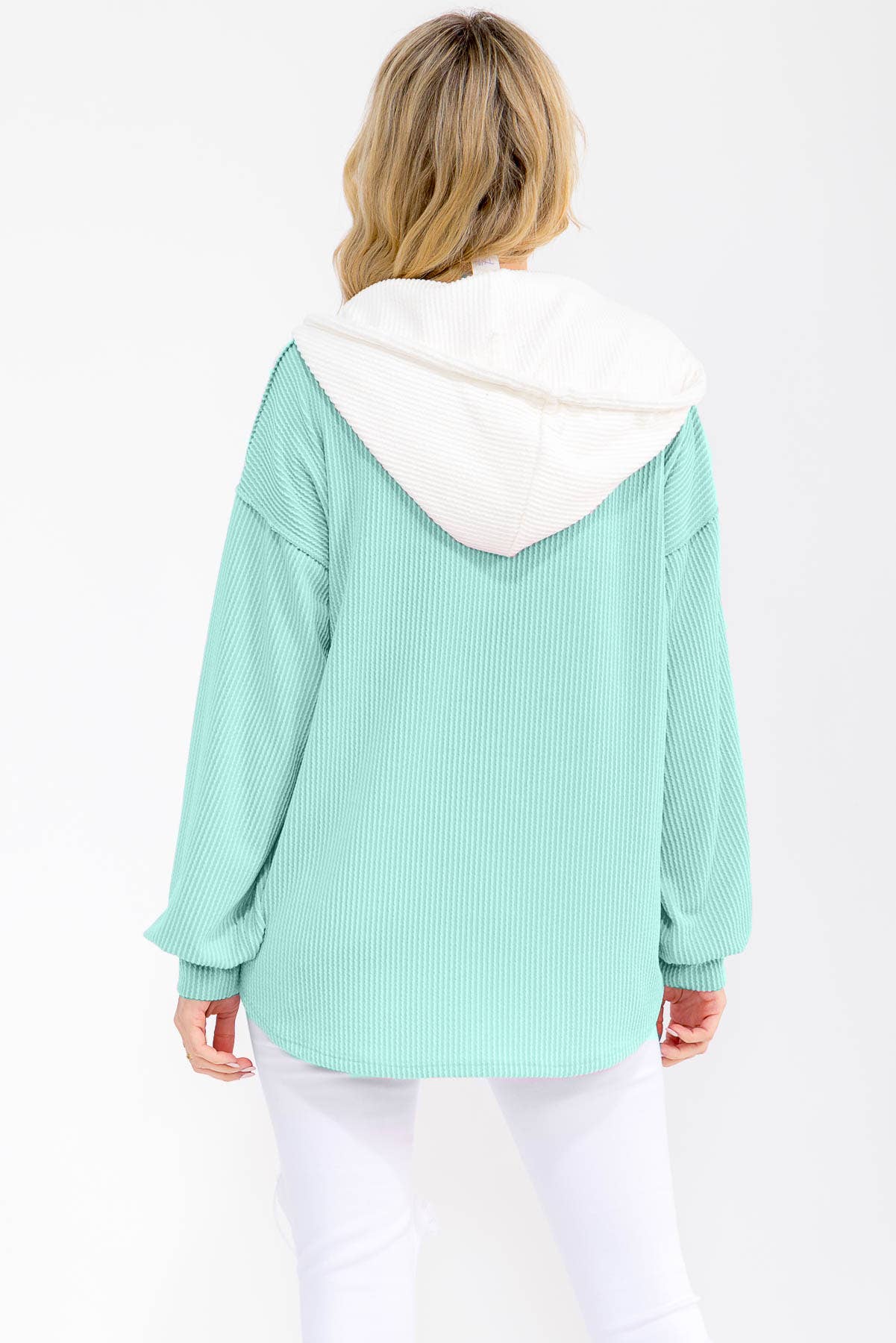 Two Tone Rib Knit Hooded Henley Top – Mint & White