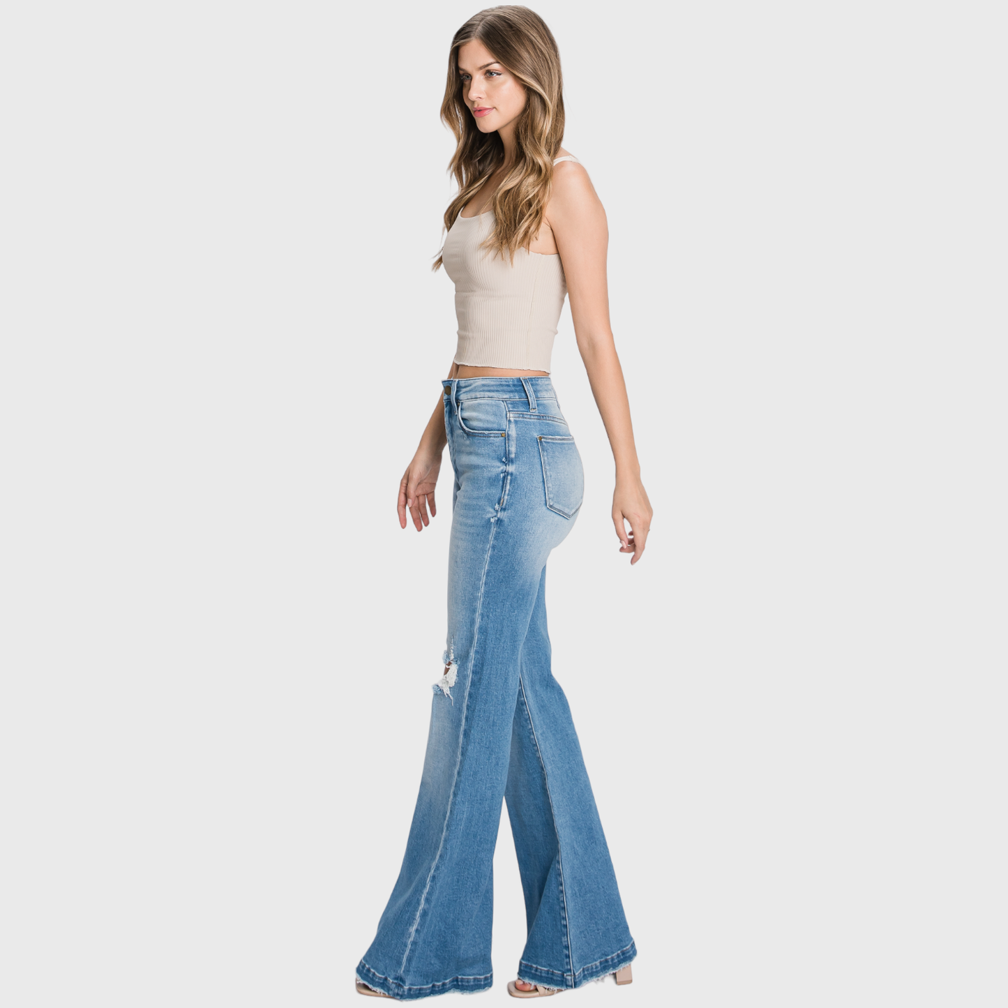 Long Distressed Super High Rise Flare Jean