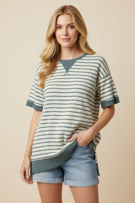 Crew Neck Jacquard Stripe Knit Top