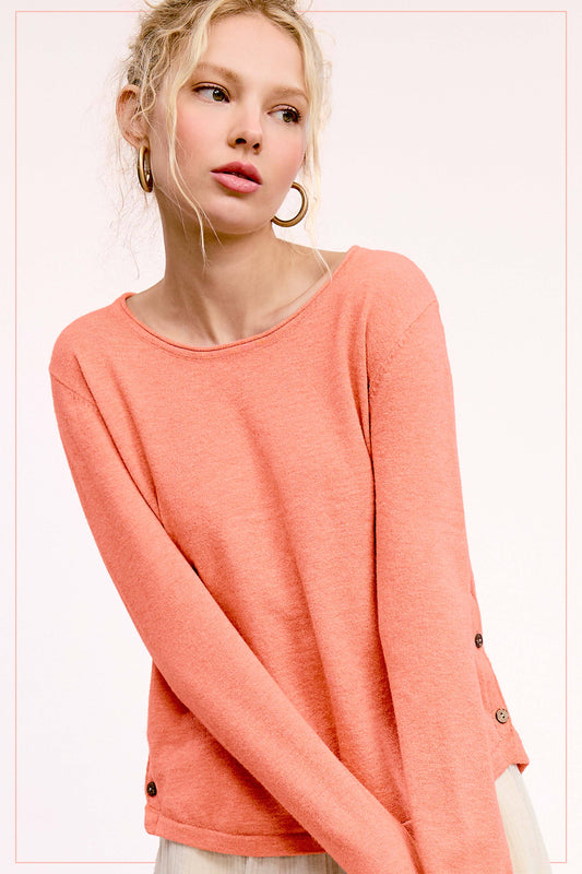 Super Soft Rolled Hem Side Button Knit Top