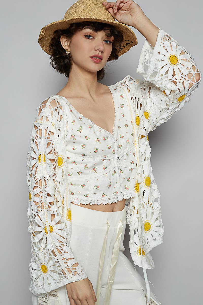 Daisy Crochet V-Neck Tie-Front Cardigan