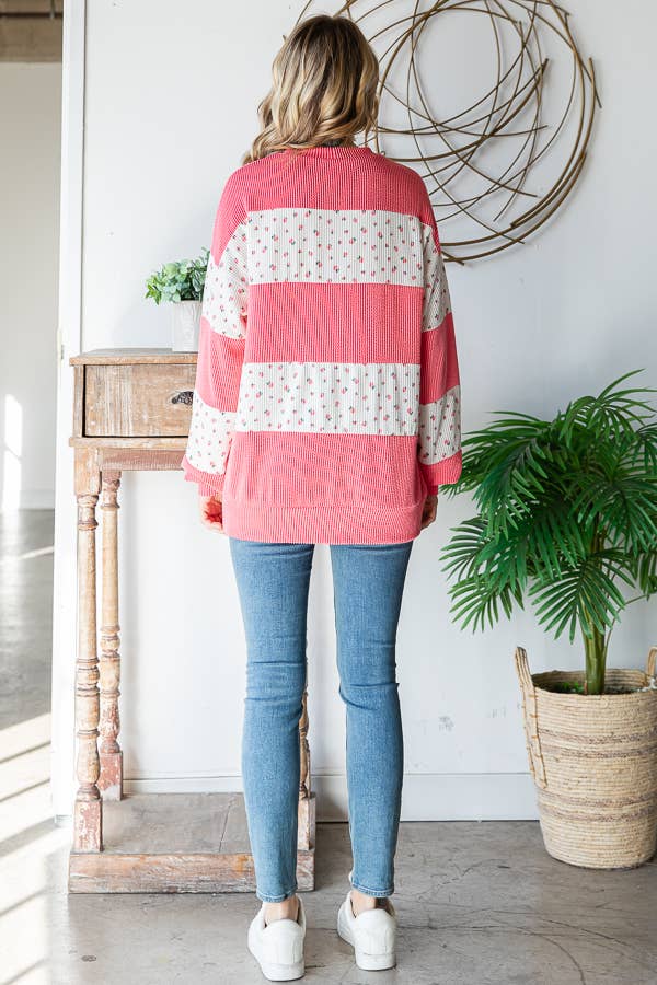 Floral Rib Drop Shoulder Pullover – Coral & Cream