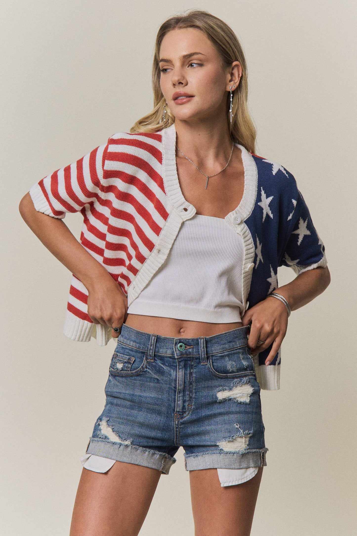 American Flag Button Front Knit Sweater Top