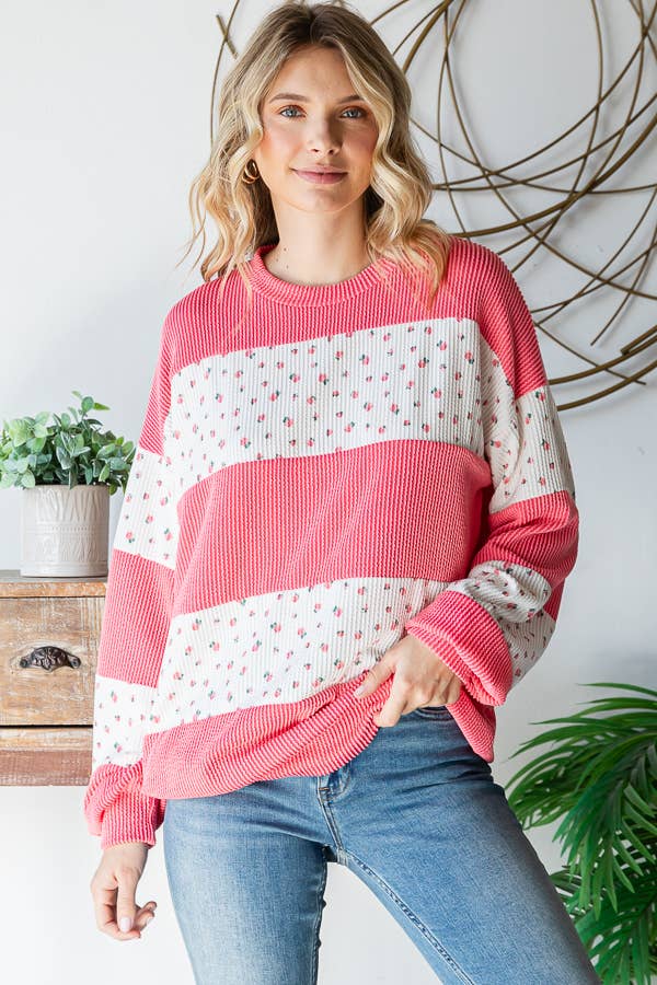 Floral Rib Drop Shoulder Pullover – Coral & Cream