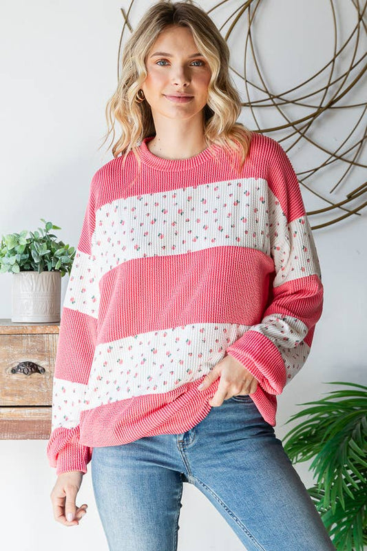 Floral Rib Drop Shoulder Pullover – Coral & Cream