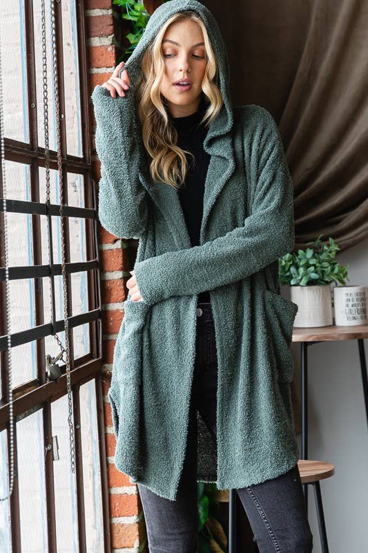 LONG SLEEVE SOLID COZY KNIT HOODIE CARDIGAN