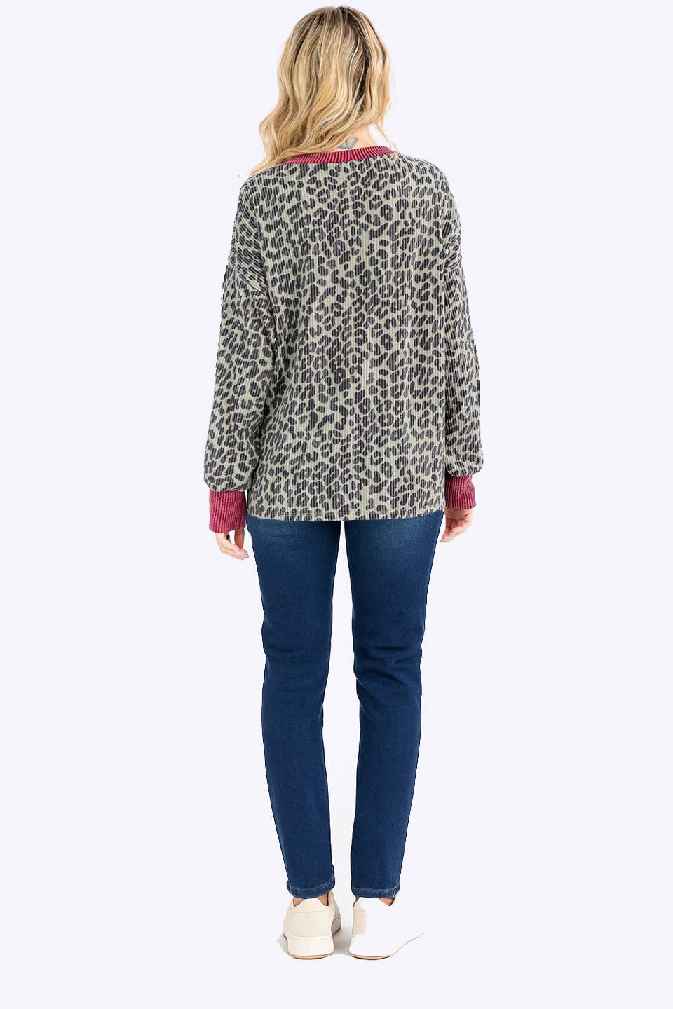 Rib Animal Print Drop Shoulder V-Seam Top