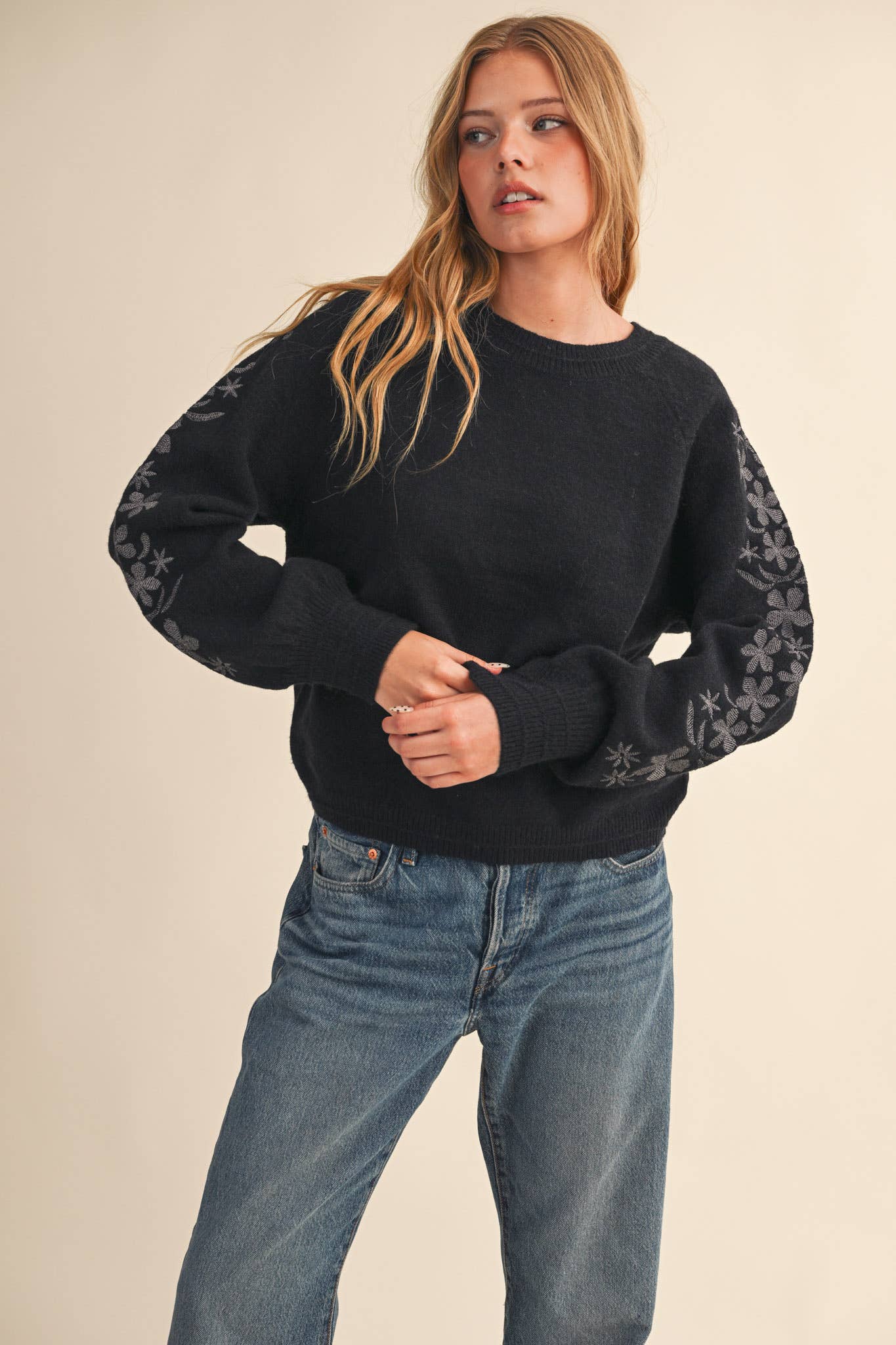 Pullover Sweater with Floral Embroidered Sleeves