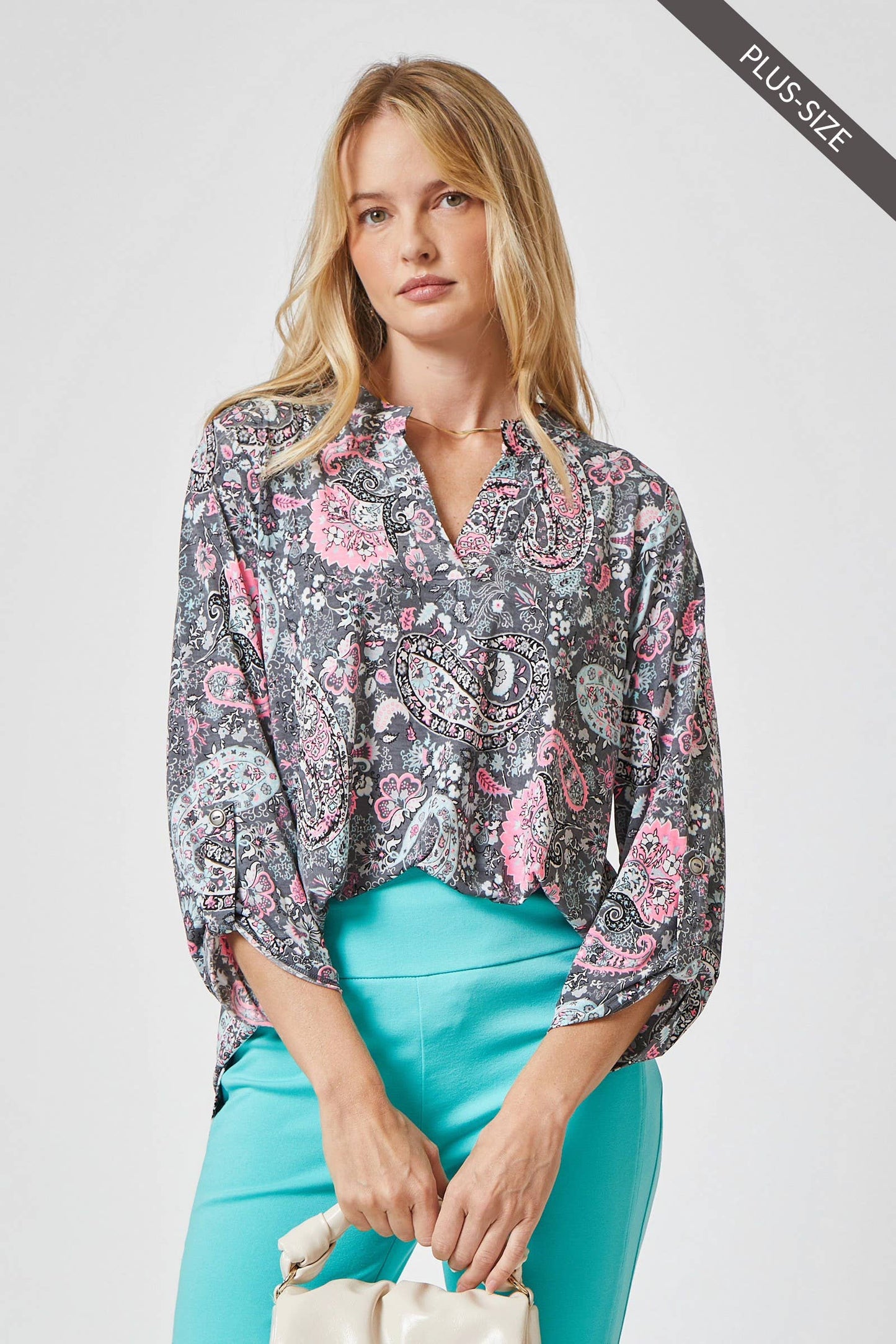 Curvy 3/4 Sleeve Paisley Wrinkle-Free Blouse