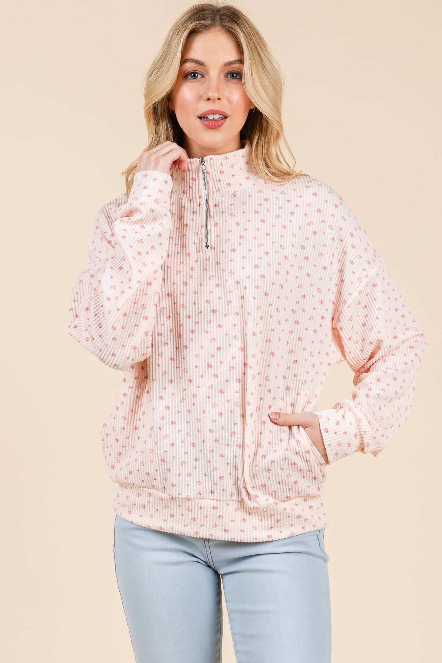 Floral Ribbed Quarter Zip