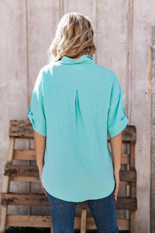 Half Sleeve Collared Button Down Top