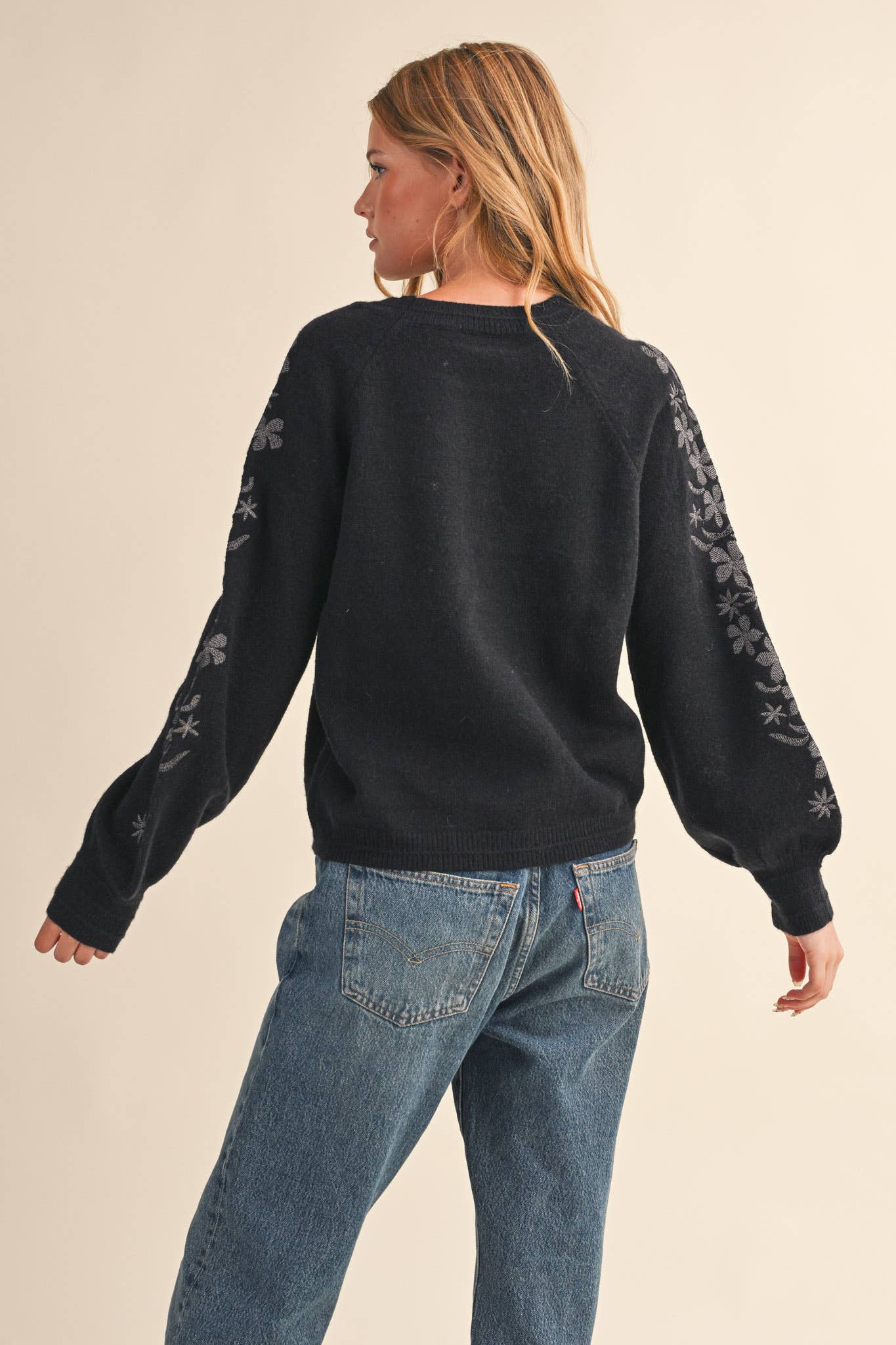 Pullover Sweater with Floral Embroidered Sleeves