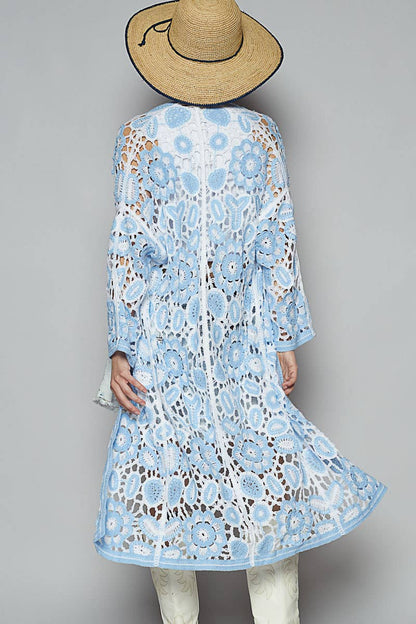 V-Neck Long Sleeve Crochet Knit Weave Cardigan