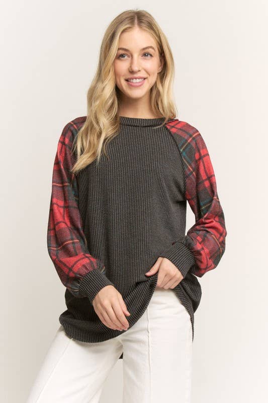 Grey Urban Ribbed Top with Red Plaid Contrast Sleeve 🩶❤️
