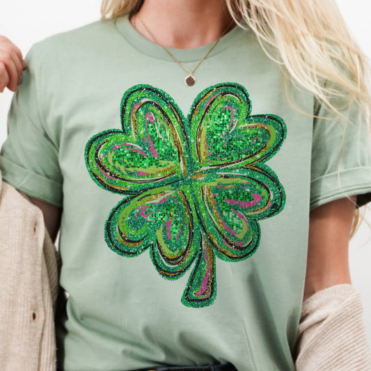 St. Patricks Day Glitter Clover Tee