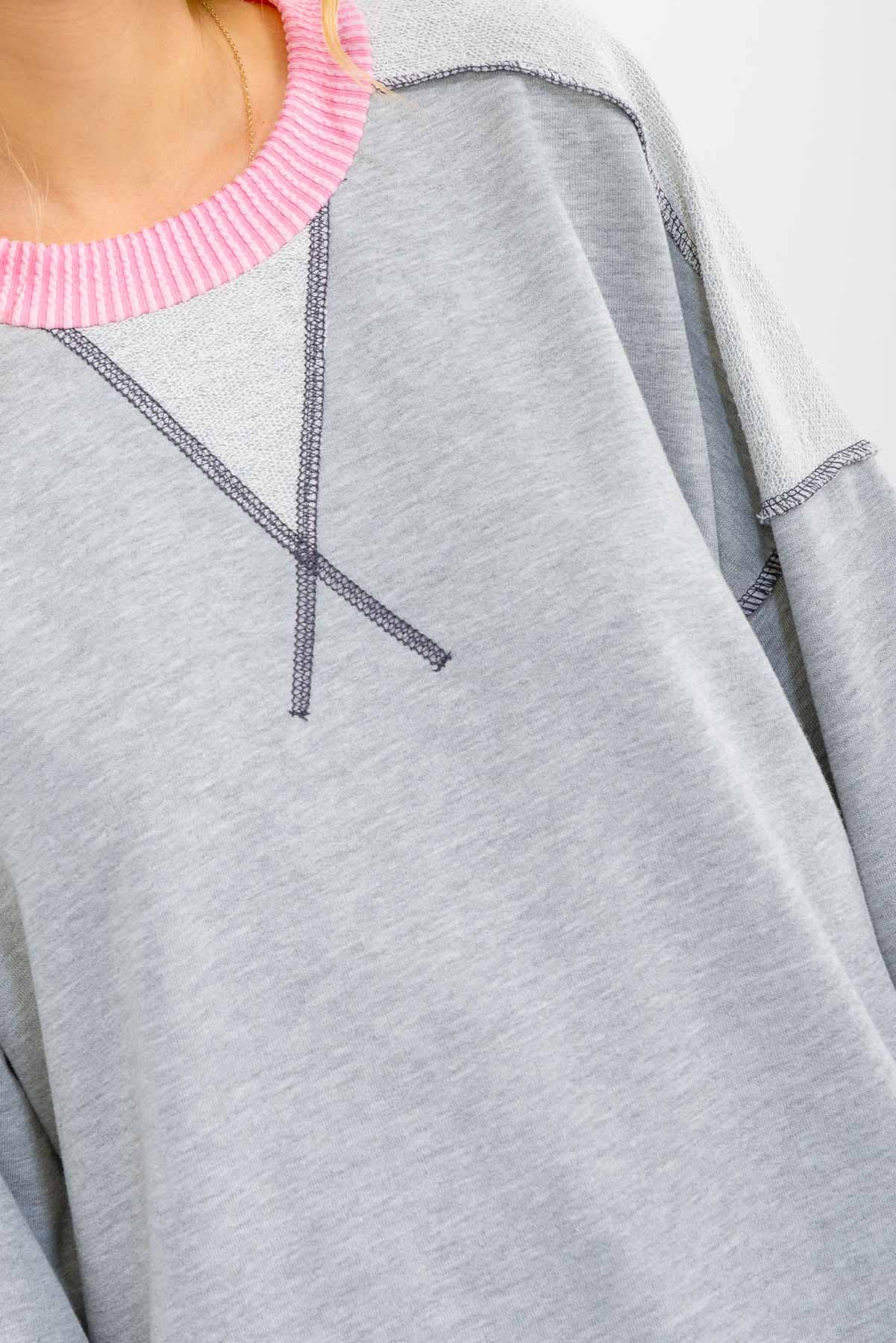Contrast Trim Exposed Seam Sweatshirt – Pink & Grey