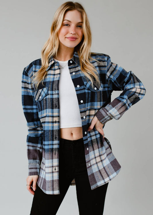 Navy, Tan & Light Blue Plaid Flannel – Bleached Dip Contrast