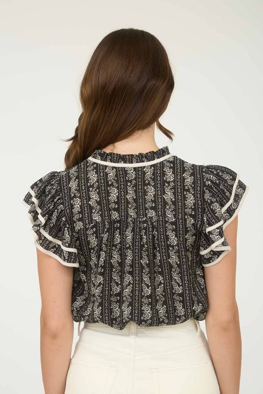 V-Neck Short Ruffle Layered Sleeve Woven Top