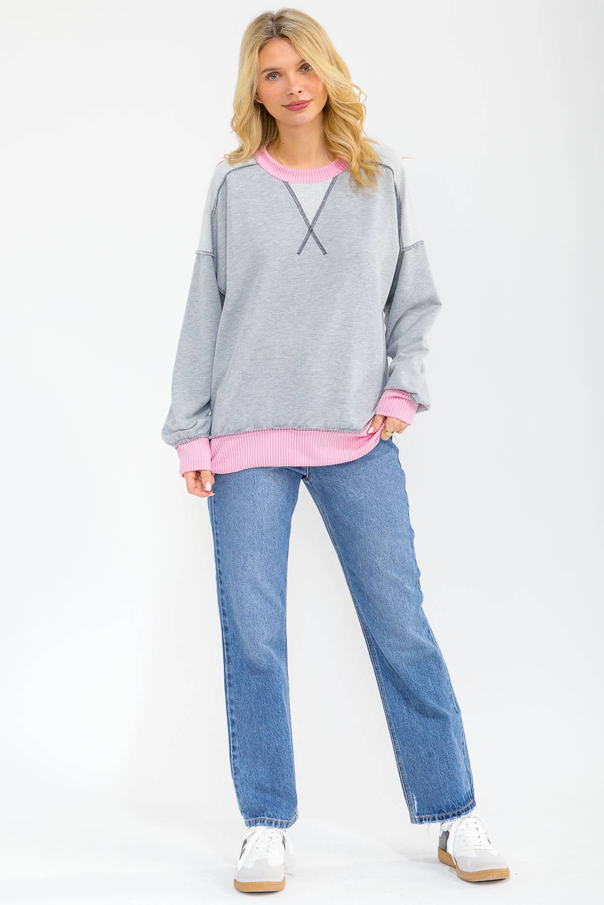 Contrast Trim Exposed Seam Sweatshirt – Pink & Grey