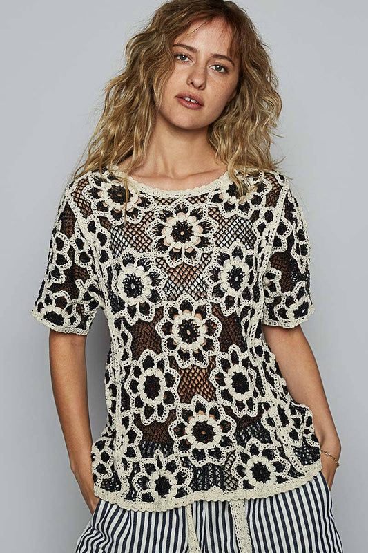 Short Sleeve Crochet Knit Top
