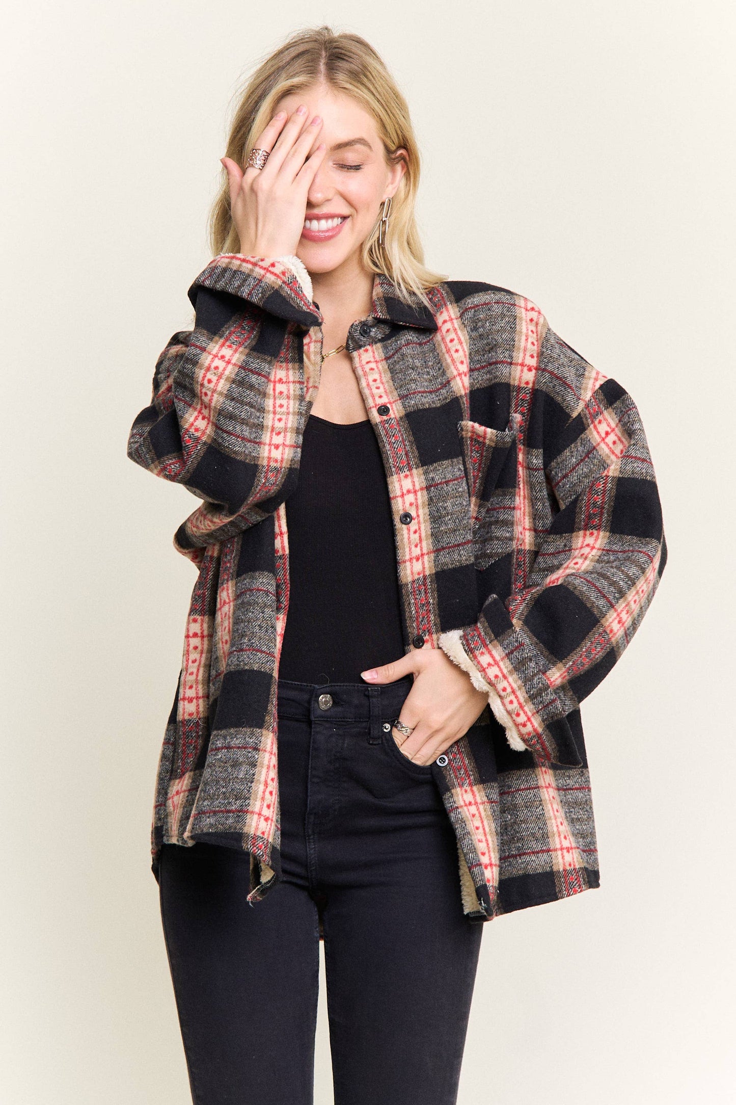 Plaid Sherpa-Lined Button Down Shacket