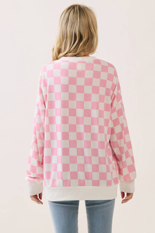 Checkered Print Drop Shoulder Pullover – Pink & White