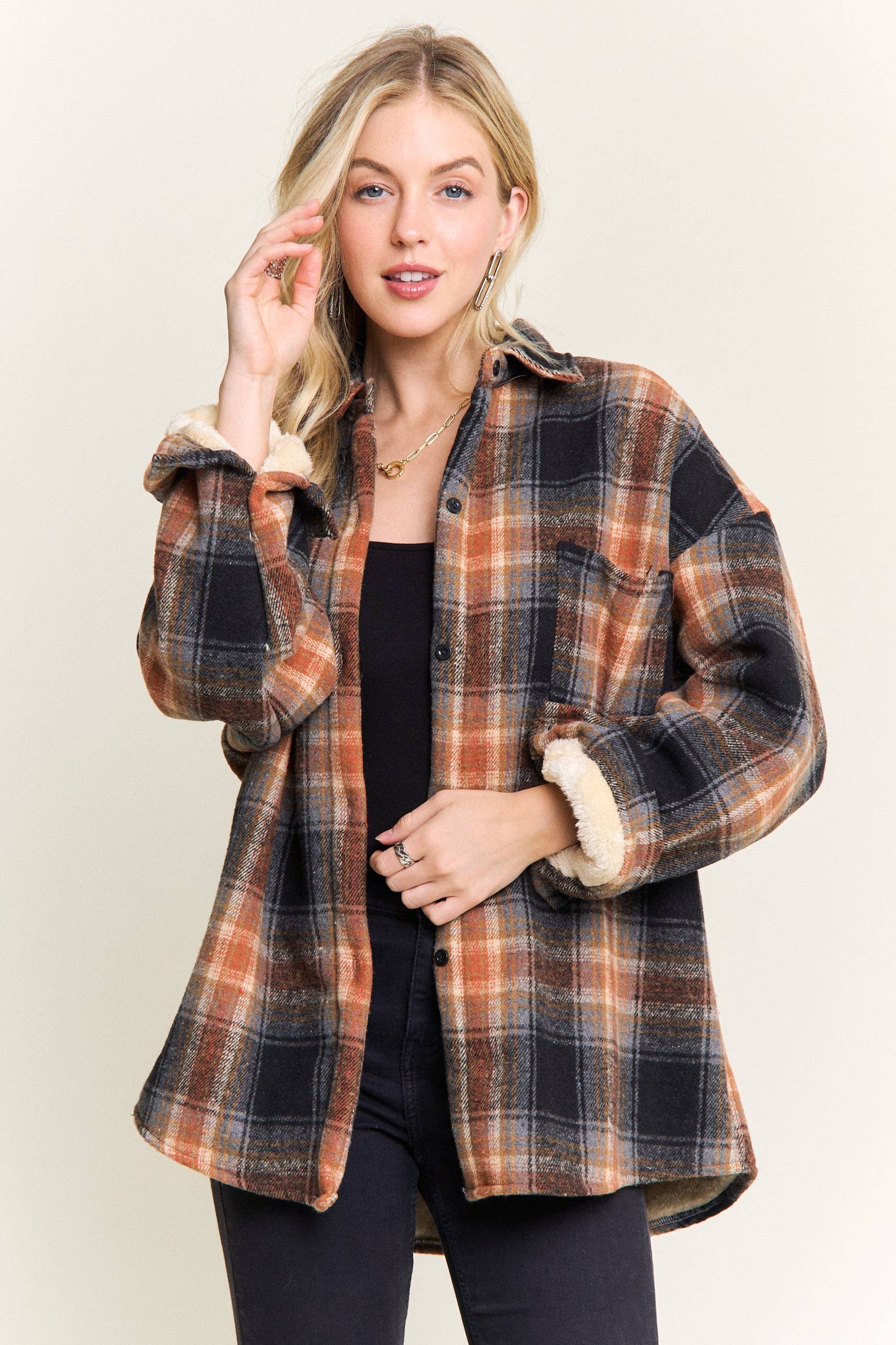 Plaid Sherpa-Lined Button Down Shacket