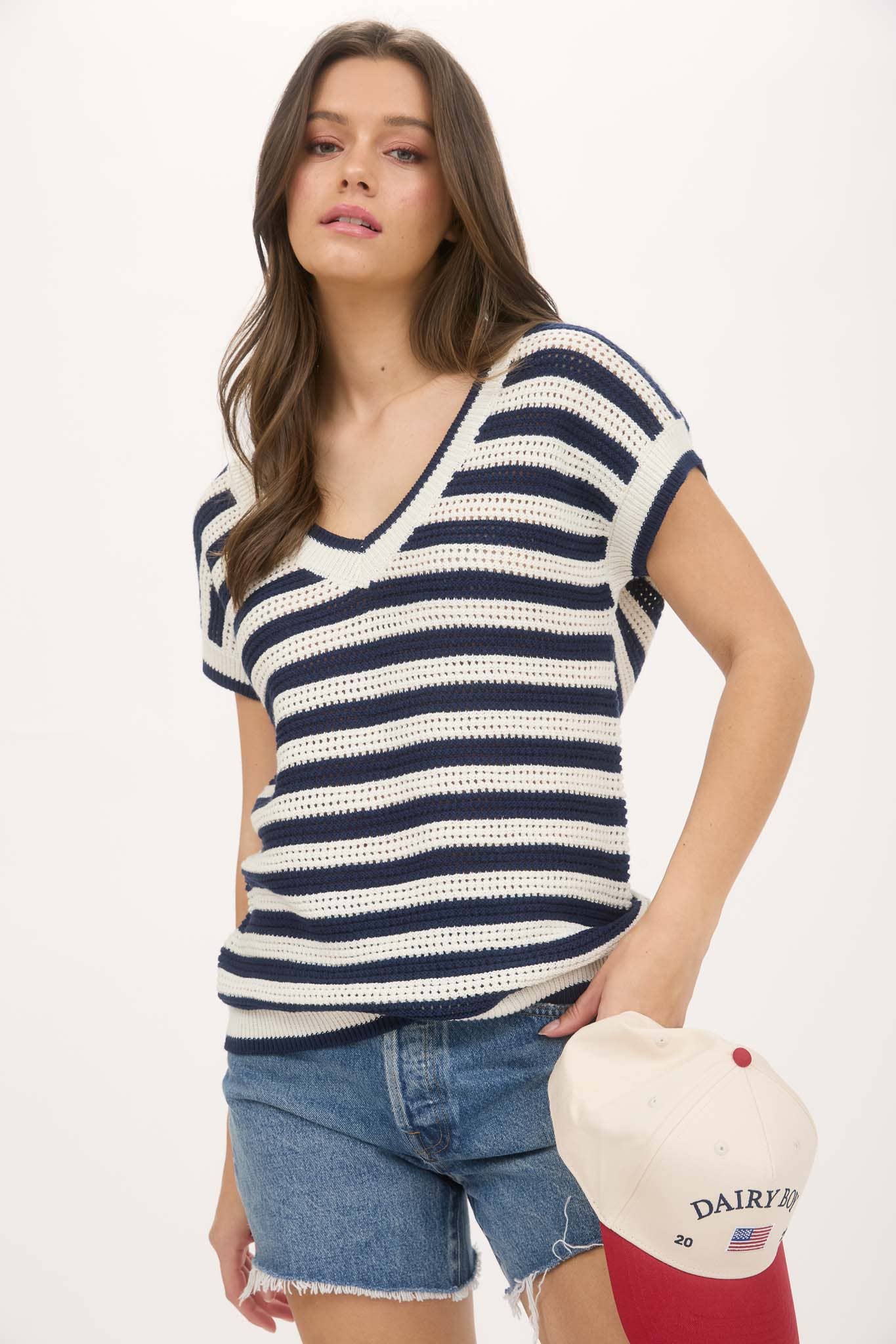 Stripe V-Neck Crochet Knit Sweater