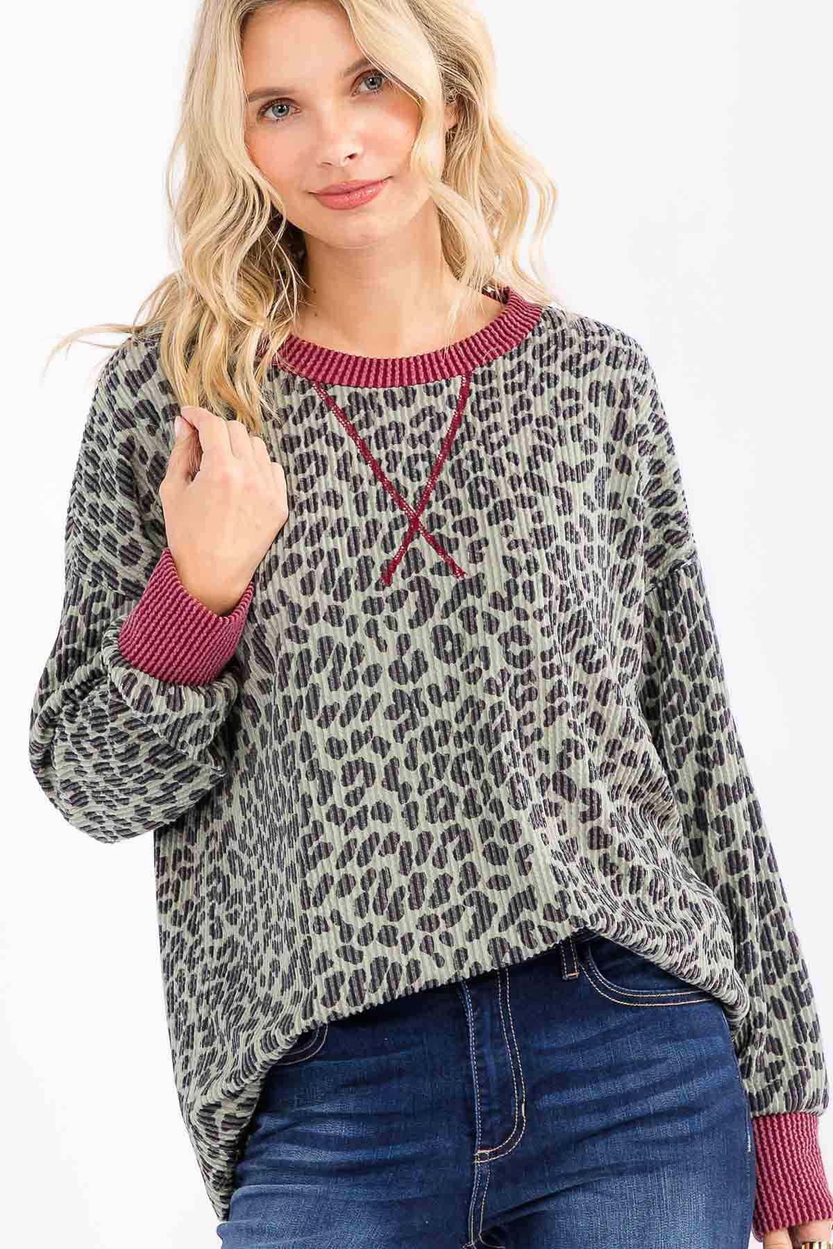 Rib Animal Print Drop Shoulder V-Seam Top